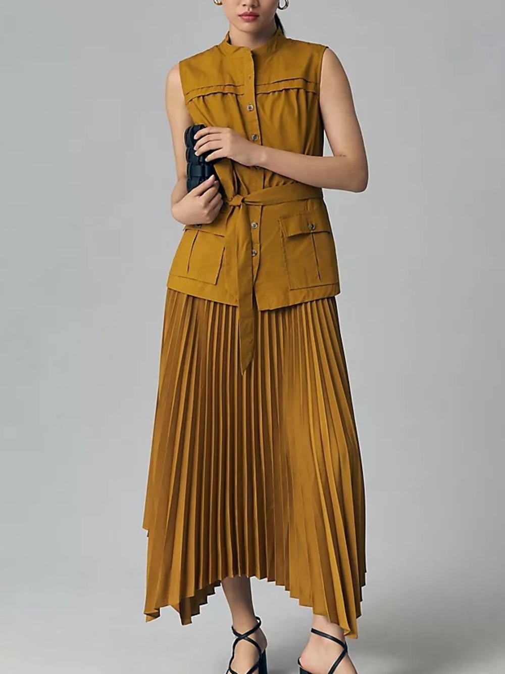 Anthropologie Sleeveless Vested Pleated Midi Dress Gold Yellow Satin Small